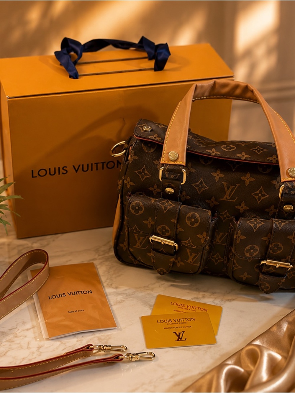 Louis Vuitton Brown Monogram Canvas Shoulder Bag with Tan Trim